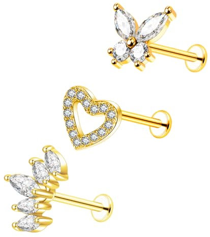 Besyvvin 3er Helix Lippenpiercing Stecker 8mm Chirurgenstahl Gold Piercing Tragus Cartilage Knorpel Stecker Schmetterling Blume