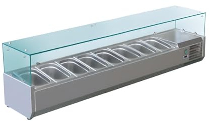 Vitrine Kühlschrank 180 cm – kalt belüftet – Edelstahl – Kapazität 8 Behälter GN 1/3 – Ideal für Pizzerien und Restaurants