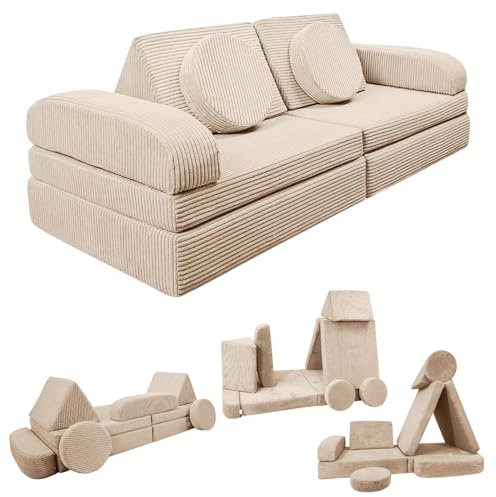 Izabell® Modulares Kindersofa und Spielsofa – Kreatives Sofa aus Weichem Cordstoff mit Wasserfesten Schutzbezügen, Perfekt zum Spielen und als Bett für Kinder (Ecru)