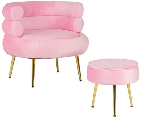 IlGruppone Poltrona Camera da Letto e Salotto in Velluto con Poggiapiedi Contenitore - Poltroncina Relax Moderna con Gambe in Metallo Placcato Oro - Design Moderno - Rosa
