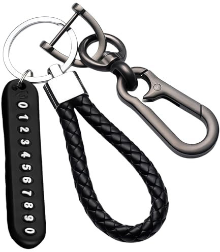 Daryunk Car Key Chain, Hand Braided Leather Keychain Set, Including Metal Horseshoe Buckle, Phone Number Plate, Unisex Universal Car Keychain