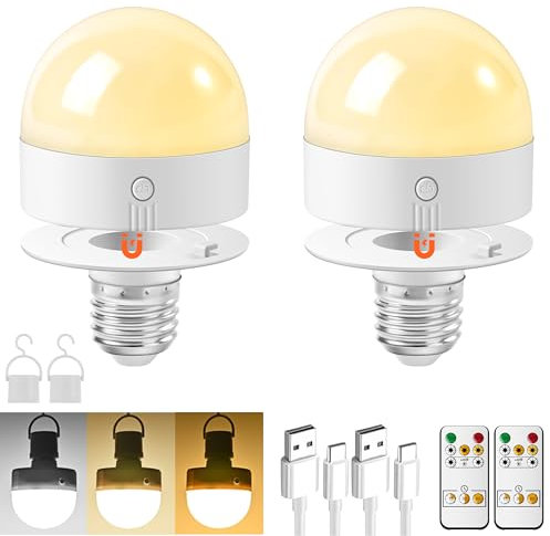 GlintBay E27 USB Rechargeable Light Bulb with Timer and Remote, Dimmable Battery Light Bulbs with Magnetic Base, E27 Detachable Charging LED Bulb with 3 Color Temperatures, 2 Packs