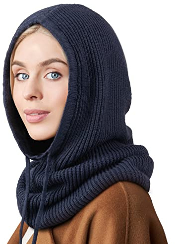DRESHOW Wintermützen für Damen Balaclava Strickmütze Skull Cap mit Kordelzug Warmer Kapuzenschal Mütze