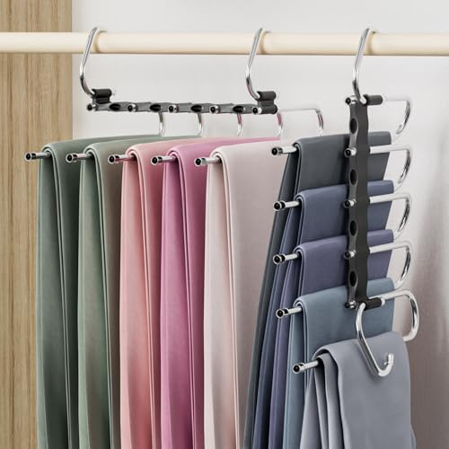 DAMITA Byxhängare för kläder, byxor och byxor, utrymmesbesparande, vit, plast, 2-pack, 5-i-1, svart, plast, rostfritt stål, stabil, vikbar, ingen installation krävs