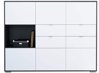 Vladon Highboard Milano V2, Sideboard mit 6 Türen und 4 Schubladen Weiß matt, Made in Germany, Korpus Anthrazit matt (152,5 x 118x 37 cm)