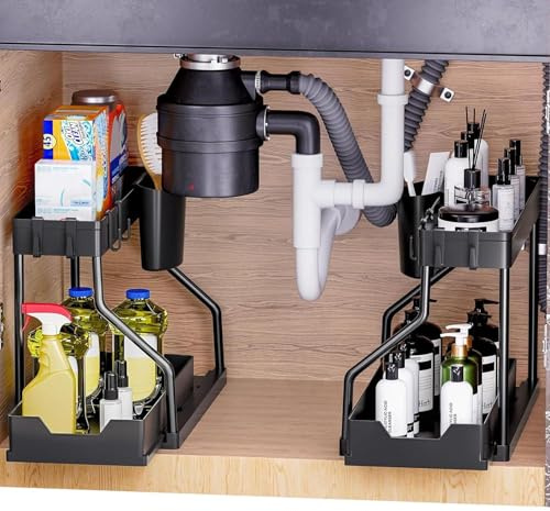 Thrink 2 Pack Under Sink Storage Organiser – 2 Tier Sliding Cabinet Shelf with Pull Out Drawer, Bathroom & Kitchen Storage Rack with 4 Hooks, Space Saving Solution for Cupboards Utility Room (Black)