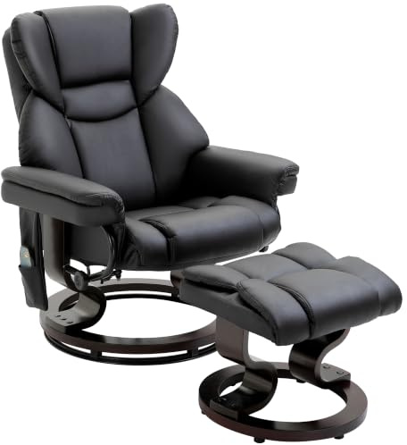 HOMCOM Poltrona Relax Elettrica Massaggiante con Pouf Poggiapiedi, Nero | Poltrona Reclinabile 145°, Seduta Girevole a 360°, Finta Pelle