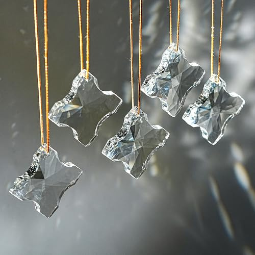 6 Stück 6,9cm Kristall Kreuz Prismen – Sonnenfänger & Fenster Deko | Kristall-Kreuzprismen, klar, facettiert, handgefertigt. Fensterdeko & Ornament für Zuhause, Garten, Auto. Mit Aufhängung.