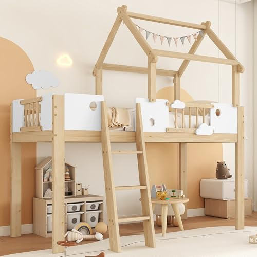 BXEYXE Hochbett, Kinderbett mit Fallschutz und Gitter, Einzigartiges Dachdesign, Mit Dreistufige Schrägleiter, Rahmen aus Kiefer, Kiefer+MDF+Sperrholz, Weiß+Natur, 90x200cm