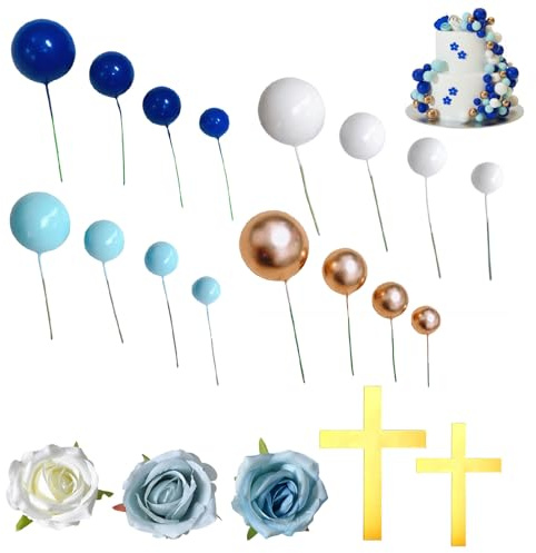 Topper per Torta Prima Comunione, Decorazione Elegante con Fiore e Croce, 4 Colori di Palline, Adatto per Battesimi e Occasioni Speciali