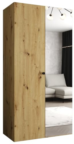 MEBLE KRYSPOL - Kleiderschrank - Garderobenschrank - 100 cm x 202 x 52 cm - Schrank mit Kleiderstange und Spiegel, 2 Türen - für Schlafzimmer, Flur - Parma, Artisan-Eiche, Griff Schwarz