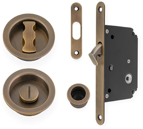 Alexander & Wilks AW110R Radius Sliding Door Lock Set, 50mm Backset, Solid Brass (Antique Brass)