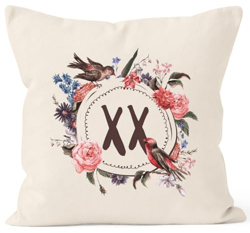 MoonWorks® Kissen-Bezug Geburtstag personalisierbare Zahl individuelles Alter Geschenk-Kissen Blumen Blüten Blumenkranz Bordüre Kissen Natur Standard