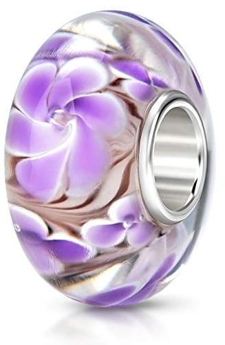 MATERIA 925 Silber Beads Murano Anhänger Blume violett - Glasperle flieder für Beads Armband #466