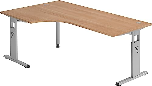 Bümö höhenverstellbarer Eckschreibtisch O-Serie 200x120 cm in Nussbaum, Gestell in Silber - Schreibtisch L Form, großer Tisch für's Büro, Computertisch höhenverstellbar