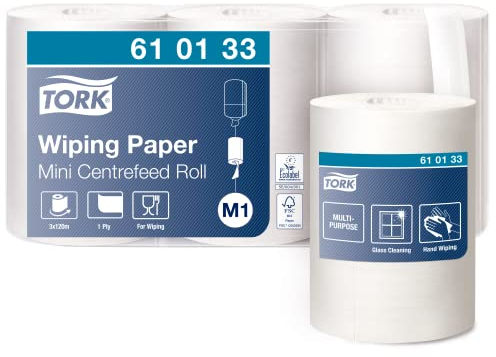 Tork Bobine de Papier d’Essuyage à Dévidage Central blanc M1, essuyage mains et surfaces, 3 x 120 m, 610133