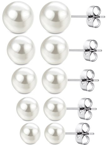 JewelrieShop Faux Pearl Earrings Hypoallergenic Stainless Steel Imitation Stud Pearl Earrings for Women - 5 Pairs (White)