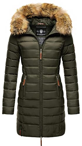 MARIKOO Damen Wintermantel warmer Steppmantel lang mit Kapuze und abnehmbarem Kunstfell-Kragen Rose Grün Gr. L