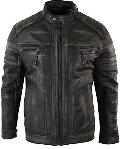 Infinity Mens Black Brown Vintage Biker Real Leather Jacket Distressed Zipped Casual