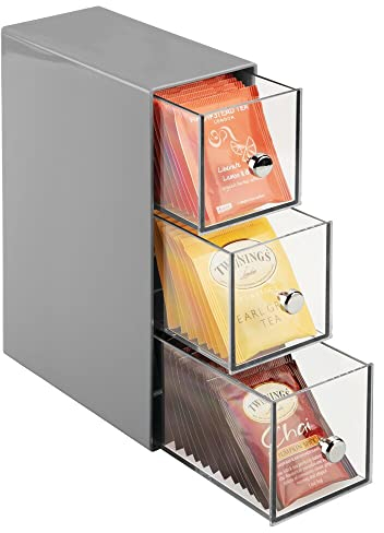 mDesign Küchen Organizer mit 3 Schubladen - Aufbewahrungsbox für Teebeutel, Kaffeepads, Süßungsmittel und mehr - Teekiste aus Kunststoff - grau