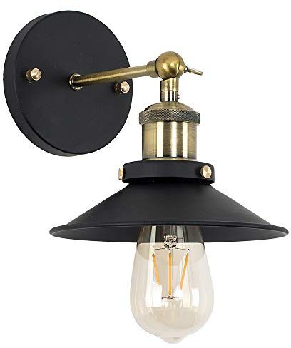 MiniSun | Industrial Steampunk Style Black and Antique Brass Single Wall Lights with Tapered Shades | Wall Lamps & Sconces, Home Décor Essential | Includes Bulb [2700K Warm White] | Mains Wired