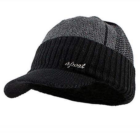 YOYEAH Herren außen Ballon- Hut-Winter-Warmer starker strickmütze mit Fleece-Futter schädel ski Cap mit Visier 56-59cm Schwarz