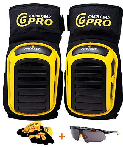 CARIB GEAR PRO USA - Rodilleras de trabajo para hombres y mujeres, rodilleras de construcción de gel resistente con correas antideslizantes para suelos, azulejos, jardinería, incluye guantes de cuero