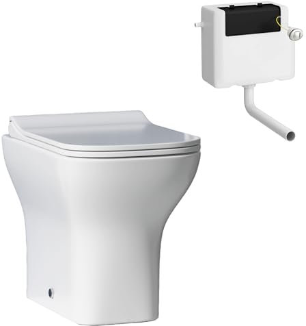 Back to Wall Toilet Pan with Concealed Cistern Short Projection Gloss White Ceramic Square Shape with Soft Close Seat – Space-Saving Design (Qubix)