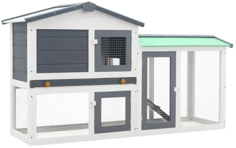vidaXL Holz Großer Kaninchenstall Hasenstall Kaninchenkäfig Hasenkäfig Kleintierstall Hasenvilla Meerschweinchen Grau Weiß 145x45x84cm