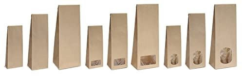250x Blockbodenbeutel mit ovalem Sichtfenster - 100g - 7 x 4 x 20,5 cm - Papiertüten Bodenbeutel Geschenktüte Papierbeutel Tütchen Kraftpapier Papierbeutel Adventskalendertüten zum Befüllen