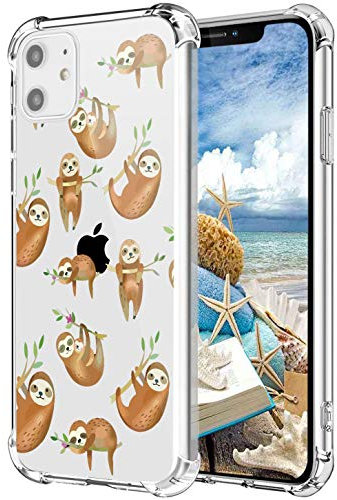 MAYCARI Cute Sloth Case Clear for iPhone 11, Cartoon Animals Design Transparent Shockproof Anti-Scratch Soft Flexible TPU Cover with Air Cushion for Men&Women