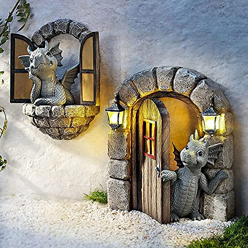 Lot de 2 statues de dragon de cour, décoration d'intérieur, figurine de dinosaure, statue de jardin en résine