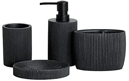 accessoires de salle de bain à rayures verticales noires (5 pièces), distributeur de savon, porte-savon, porte brosse à dents, brosse de toilette, coiffeuse cadeau de pendaison de crémaillère (noir-4)