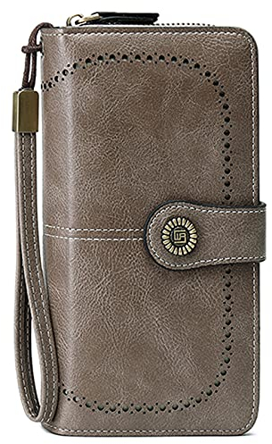 FORRICA Portefeuille Femmes Porte Monnaie RFID Blocage Porte Cartes Dames Longue Porte Chequier Grand Portefeuille avec Dragonne Gris