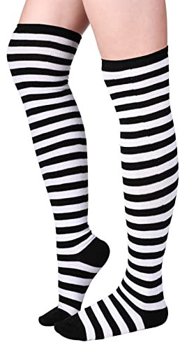 Blulu Chaussettes Hautes Rayées Blanches Noires Collants Longs à Rayures pour Femmes