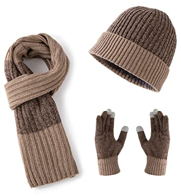 Lallier Winter 3-teiliges Herren Wolle Mütze Schal Handschuhe Set, Warmes Beanie Skull Cap Schal Thermohandschuh Set für Herren, Braun