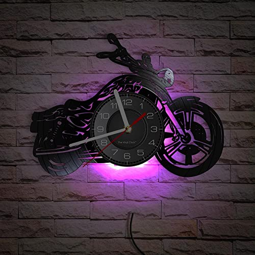 Smotly Vinyl-Wanduhr, Motorradform, schwarze Wanduhr mit LED-Nachtlicht, dekorative Wanduhren für Wohnzimmer, Geschenk für Wohnkultur (mit Lichtern)