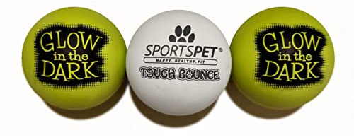 SPORTSPET Tough Bounce Glow in Dark Hundebälle, 3er-Pack (65mm) | Sehr langlebige Tough Bounce Bälle, in Tennisballgröße, Leuchtbälle für Hunde, unzerstörbare Hundebälle