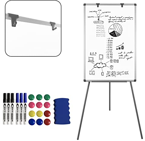 LZQ Whiteboard Magnetisch Flipchart Ständer, White Board mit Dreibein Ständer, Mobil Whiteboards Höhenverstellbares, mit 2 Flipchart Haken, 6 Whiteboard-Marker, 12 Magneten, 1 Radiergummi, Ablage