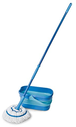 Spontex Twist Mop Kit Set de fregona y cubo - Fregona de microfibras con sistema de autoescurrido incorporado - Cubo plegable de 10L - Limpia suelos laminados, de madera y baldosas