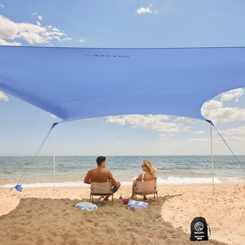 WEKAPO Tenda da spiaggia – Baldacchino da spiaggia con 4 pali allungati, grandi sacchi di sabbia e pala, altezza 1,8 m, parasole da spiaggia per vacanze in famiglia e campeggio, protezione UPF 50+
