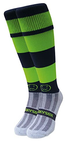 WackySox - Navy Blue & Lime Green Hoop Rugby Socks, Sports Socks for Men, Perfect for Football, Running, Hockey & More