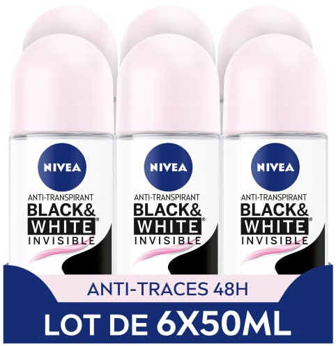 NIVEA Déodorant Bille Black & White Invisible (6 x 50ml), déodorant femme anti-traces blanches et jaunes, anti-transpirant anti odeur & humidité, protection efficace 72 h, sans alcool