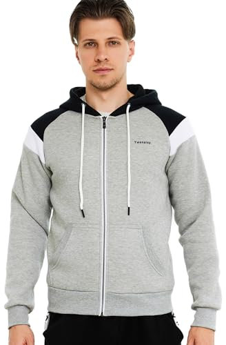 Ywenaisy Felpa Uomo Zip Cotone Felpa Uomo Cappuccio Maniche Lunghe Blocchi di Colore Patchwork Felpa Pile Uomo(09#Grigio-Nero,XL)