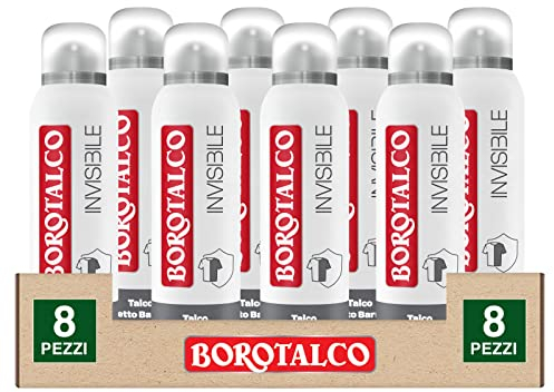 Borotalco Invisible Deo 48h Deodorant Spray mit Talkumpuder mit Barriereeffekt, Anti-Flecken, extra trocken, ohne Alkohol, absorbiert Schweiß, dermatologisch getestet – 8 Flaschen à 150 ml
