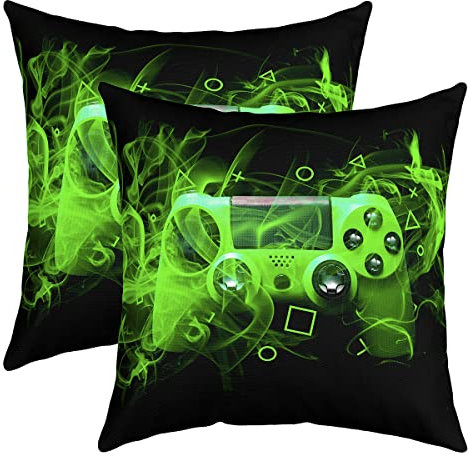 Jugend Gaming 2er Set Kissenbezüge Spieler Kissenhülle 45x45cm für Couch Sofa Bett Game Controller Kissenhülle Moderne Spielekonsole Aktionstasten Geometrie Sofakissen Couchkissen Grün Raumdekor
