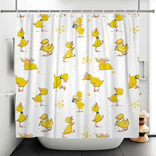 Ttincceer Canard Jaune Rideau de Douche avec Crochet, Dessin animé Mignon Animal Canard Animal de Compagnie Rideaux de Salle de Bain drôle Fleur Jaune Rideau-de Bain 180x180cm