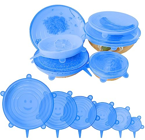 6 PCS Silicone Lids Food Covers, 6 Different Sizes Reusable Lids for Cups Bowls, Silicone Stretch Lid Microwave Freezer Can, 100% Safe Food Grade Round Shaped Tin Cover (Blue)
