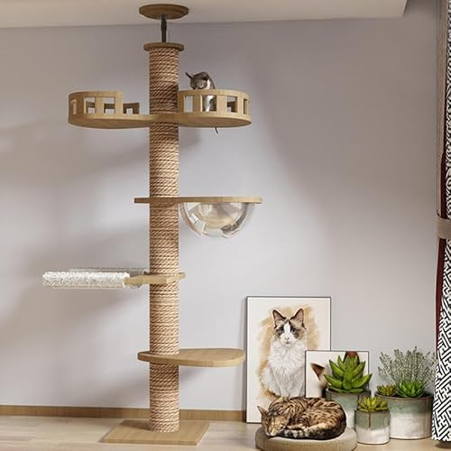 Large Cat Tree 8-Tier Floor to Ceiling Tower Height Adjustable, Space Capsule Jumping Platform ,Natural Sisal Rope Scratching Post, Cozy Bed,Interactive Toy for Indoor Large Cats (L)