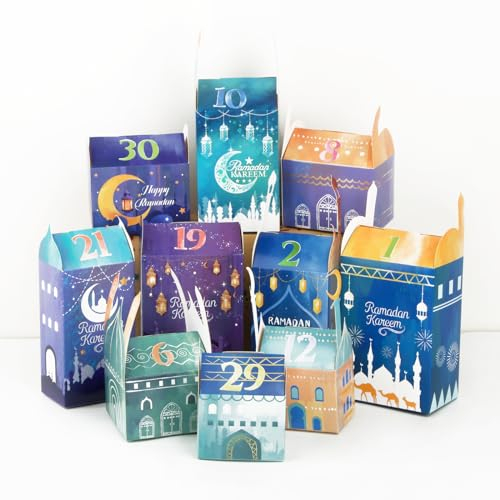 BOFUNX 30pcs Ramadankalender zum Befüllen, Ramadankalender zum Basteln Ramadan Geschenktüten Geschenkbox Geschenkschachteln mit Aufkleber und Golddruck zum Dekorieren